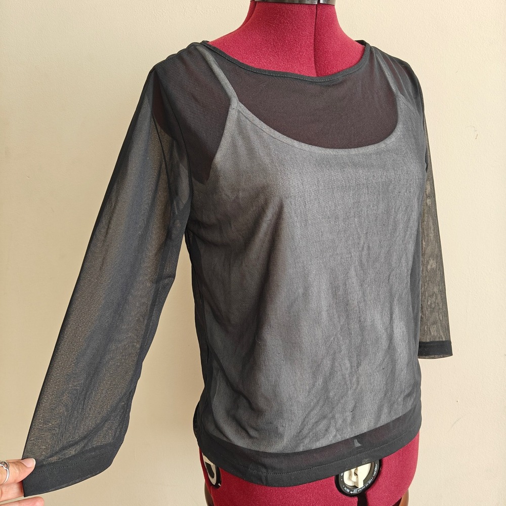Liz Claiborne Black Mesh Sheer Layered 3/4 Top Blouse White Cami Small Y2K